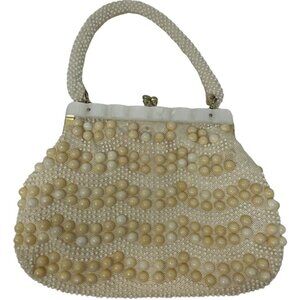 Vintage Cream Beaded Top Handle Hand Bag Purse